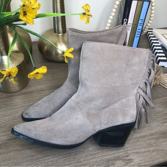 Zara Taupe Gray Suede Leather Fringe Pointed Toe Ankle Boots 36 - Picture 1 of 10